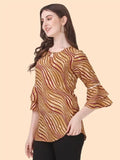Stylish Yellow Striped Crepe Top with Keyhole Neck and Hip-Length Fit
