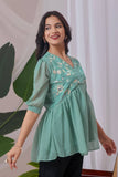 Stylish light green embroidered balloon sleeve top

