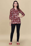 Stylish maroon crepe floral top with V neck

