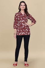 Stylish maroon crepe floral top with V neck

