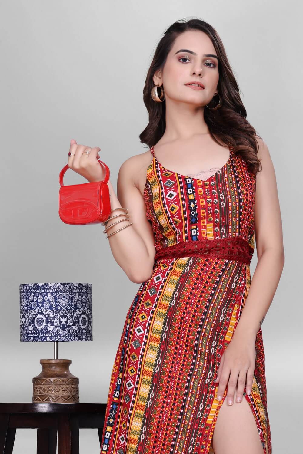Stylish orange cotton ethnic maxi dress sleeveless

