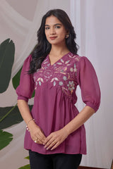 Stylish peach embroidered balloon sleeve top

