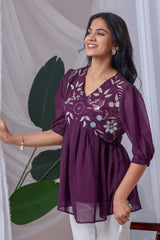 Stylish purple georgette top with balloon sleeves

