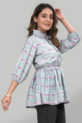Three Quarter Sleeve Grey Floral Crepe Tunic Top
