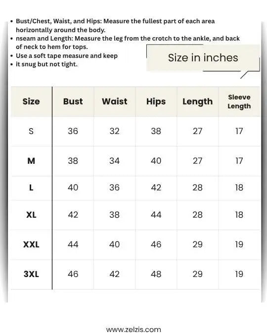 Size chart for clothing measurements with bust, waist, hips, length, and sleeve length details.