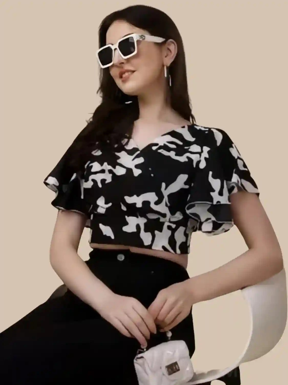 Trendy Black Floral Crop Top with Flared Sleeves and V-Neck for Casual & Party Wear
