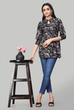 Trendy Black Floral Rayon Tunic with Three Quarter Sleeves for Women
