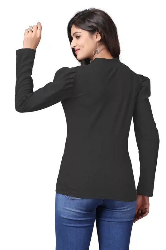 Trendy Black Full Sleeve T-Shirt with Puff Sleeves and Button Closure







