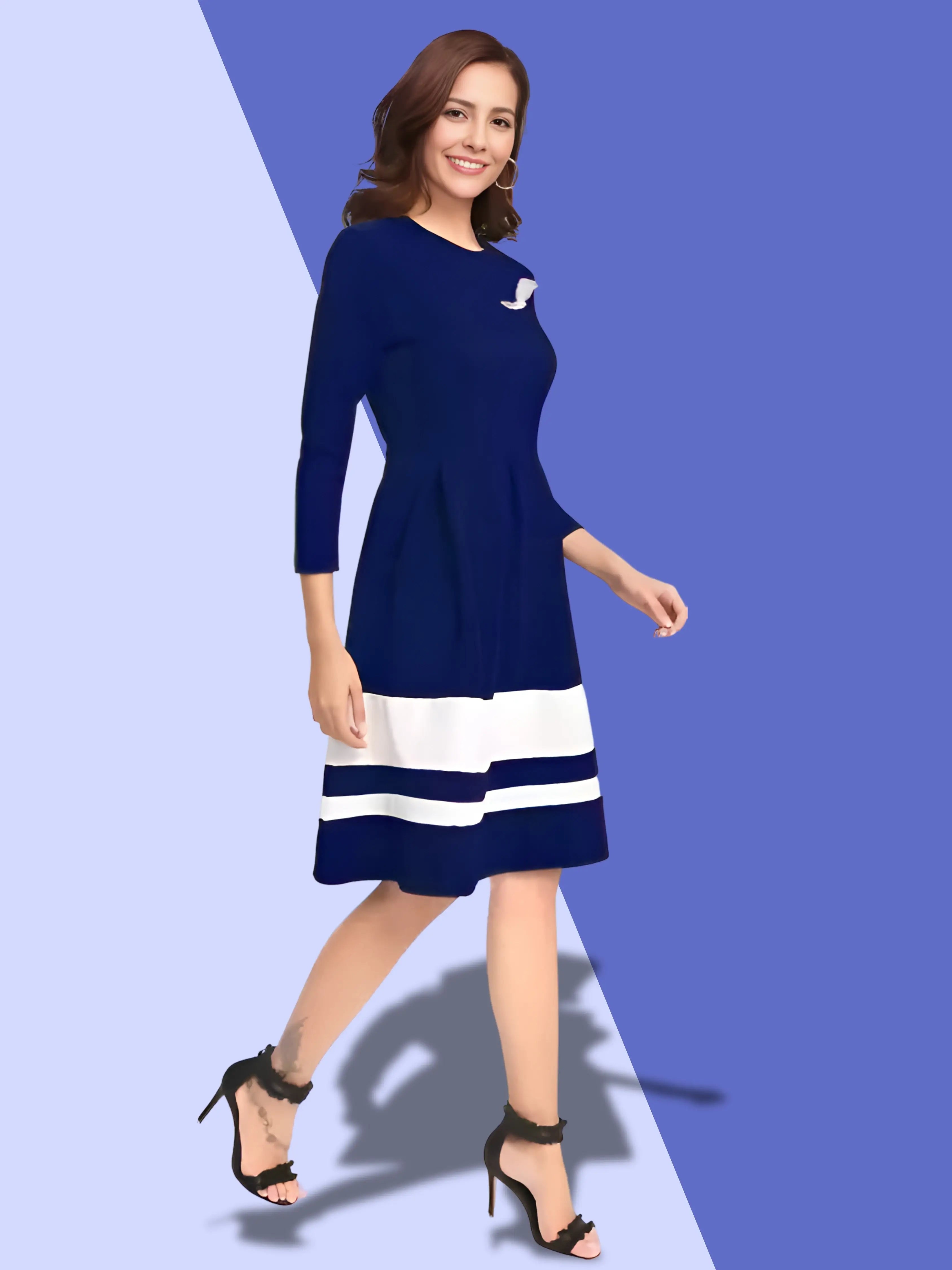 Trendy Blue Colour Block Skater Dress - Comfortable & Fashionable