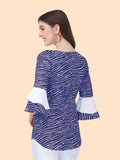 Trendy Blue Polka Dot Crepe Top with Round Neck for Casual & Party Wear
