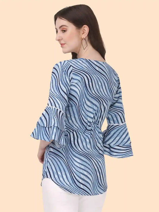 Trendy Blue Striped Crepe Tunic with Keyhole Neck for Modern Women
