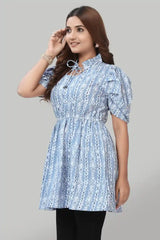 Trendy Hip-Length Sky Blue Crepe Ruffle Top – Soft and Fashionable
