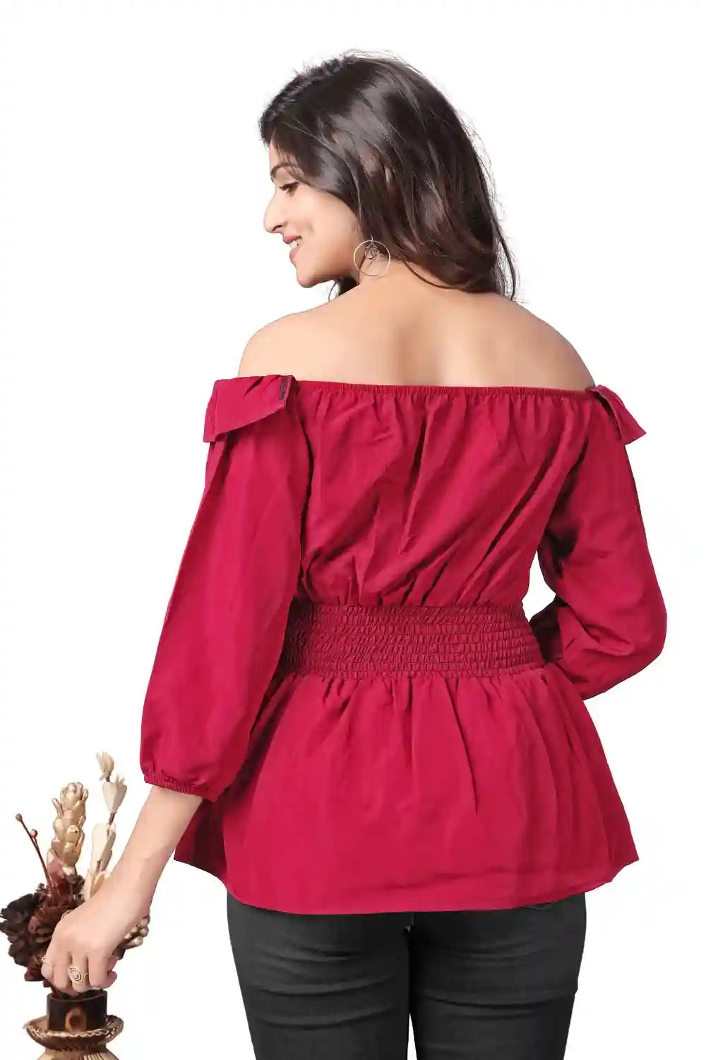 Trendy Pink Solid Off Shoulder Crepe Top Perfect for Women’s Casual Fashion
