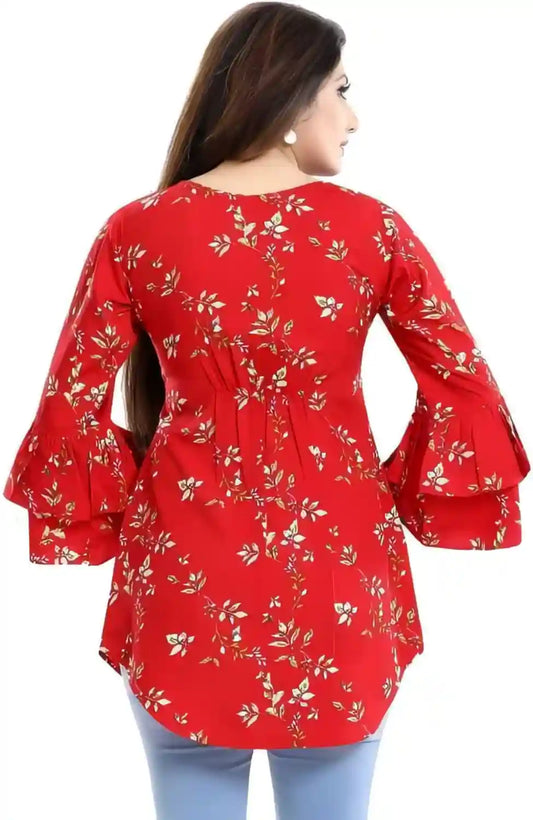 Trendy Red Keyhole Neck Tunic with Bell Sleeves – Perfect for Casual & Party Wear
