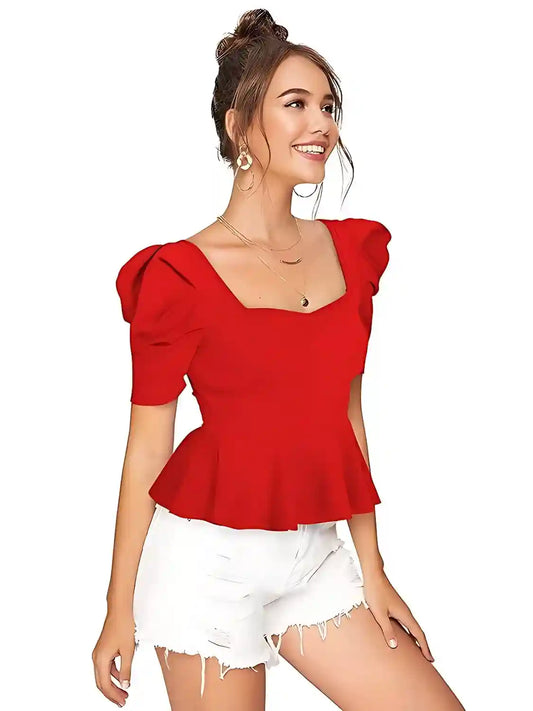 Trendy Red Short Sleeve Hip-Length Top for Women
