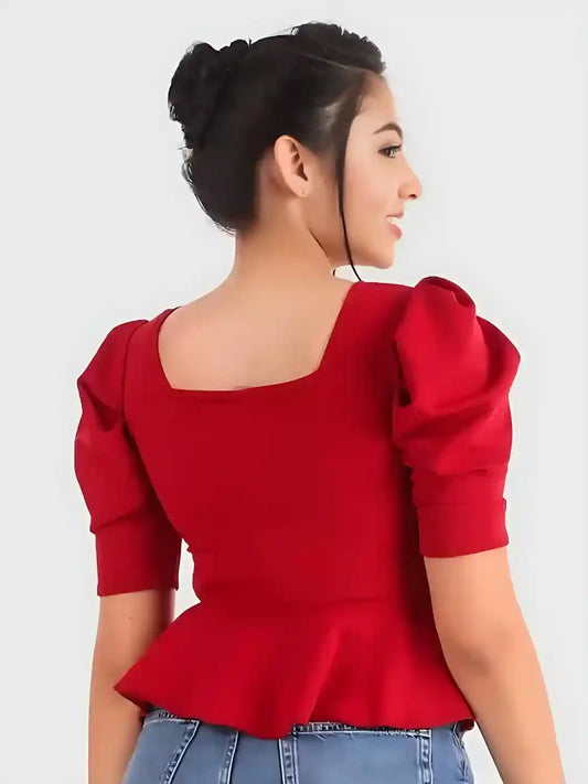 Trendy Red Square Neck Top with Puff Sleeves Perfect for Casual Fashion
