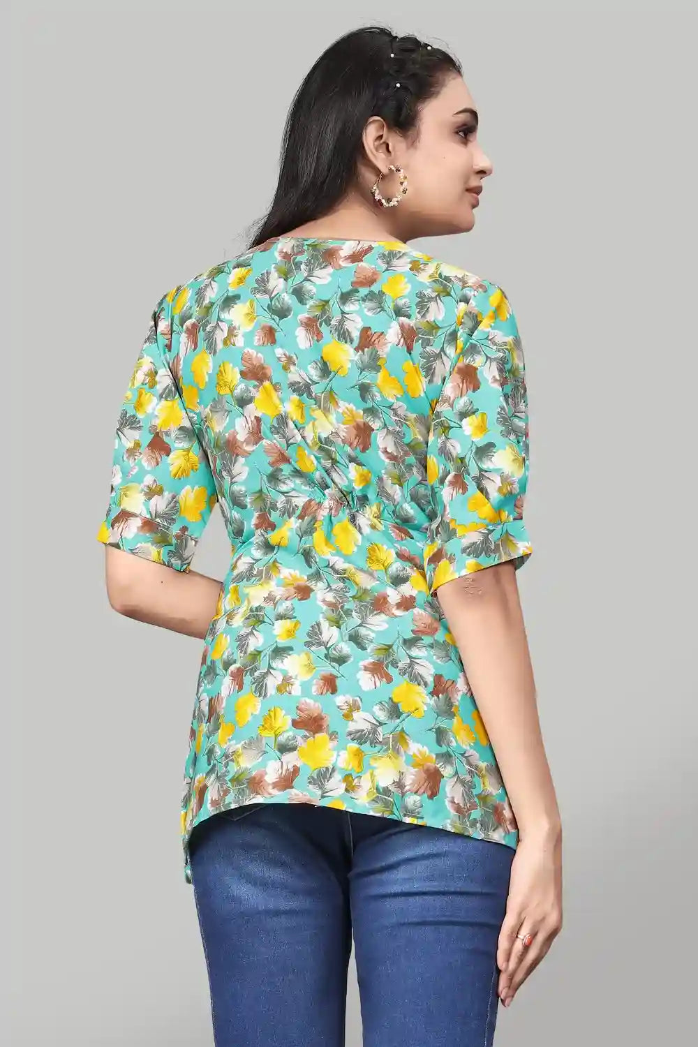 Trendy Sky Green Floral Crepe Tunic with Short Sleeves for Women Party Wear
