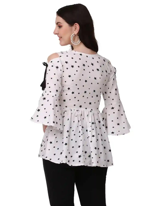 Trendy White Crepe Tunic with Star Print and Elegant Cutout Detail
