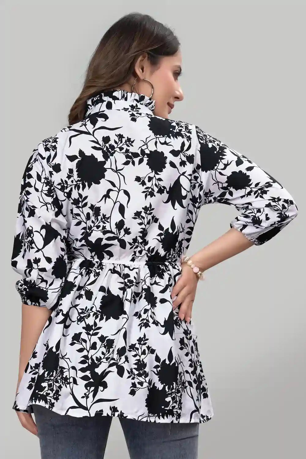 Trendy White Floral Crepe Tunic with Ruffle Neck and Three Quarter Sleeves
