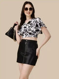 Trendy White Floral Patterned V-Neck Crop Top with Flared Sleeves
