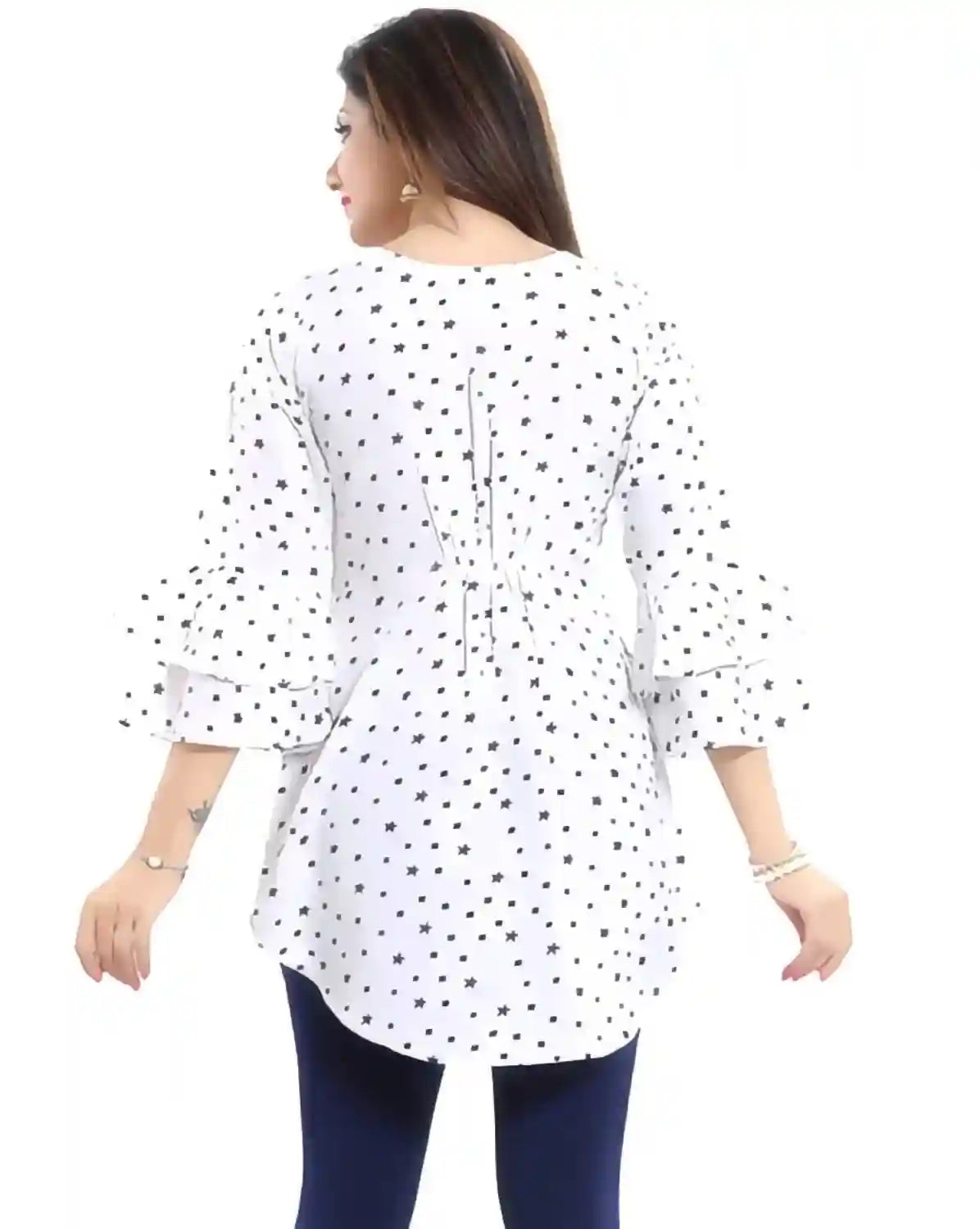 Trendy White Star Print Bell Sleeve Tunic for Women
