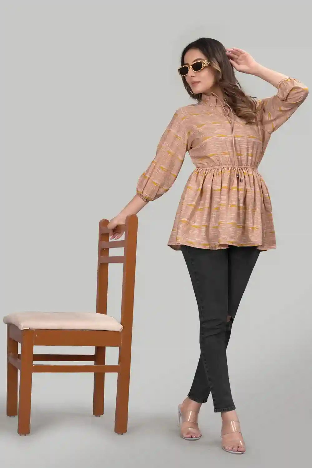 Trendy Yellow Floral Crepe Tunic with Ruffle Neck for Casual & Party Wear
