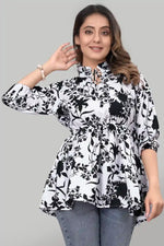 White Floral Crepe Tunic with Ruffle Neck and Three Quarter Sleeves for Women
