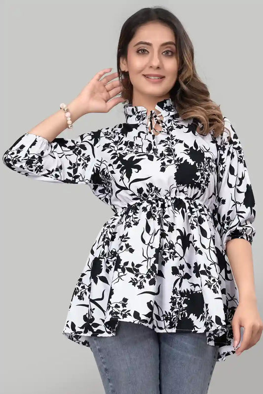 White Floral Crepe Tunic with Ruffle Neck and Three Quarter Sleeves for Women
