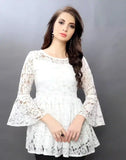White Russle Net Top with Crepe Inner and Round Neck for Women by ZELZIS

