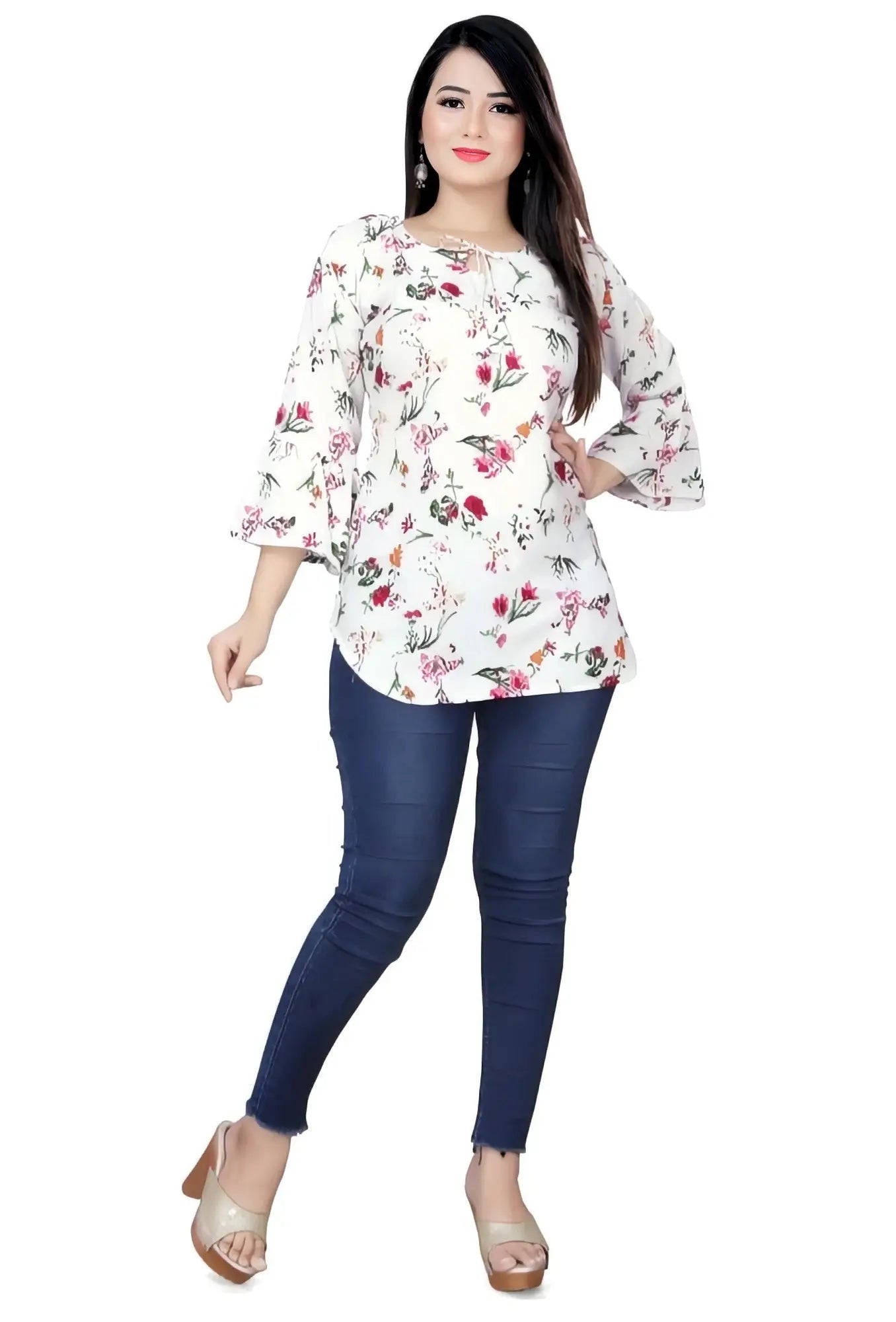 White round neck casual tunic top with bell sleeves by Zelzis