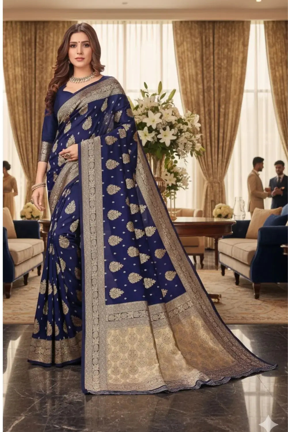 Woman in a blue and gold saree standing in a elegant room with floral decorations.