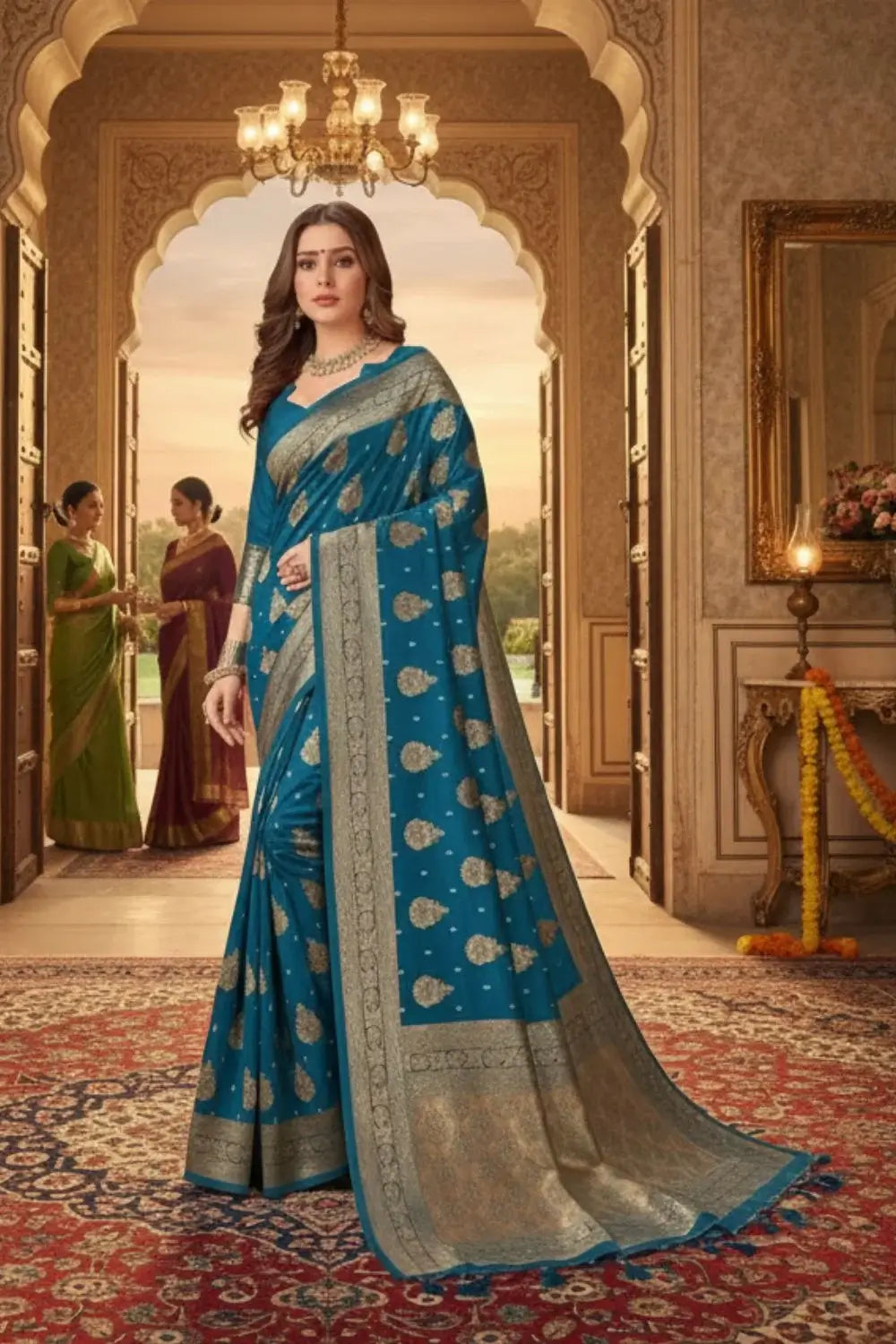 Woman in a blue saree standing in an ornate room with decorative elements.