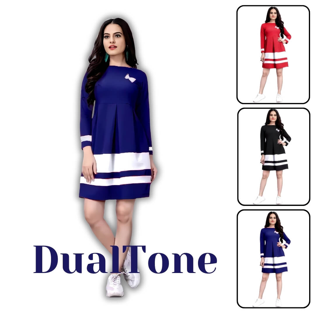 Woman wearing a blue and white dress with 'DualTone' branding, surrounded by smaller images of the dress.