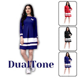 Woman wearing a blue and white dress with 'DualTone' branding, surrounded by smaller images of the dress.