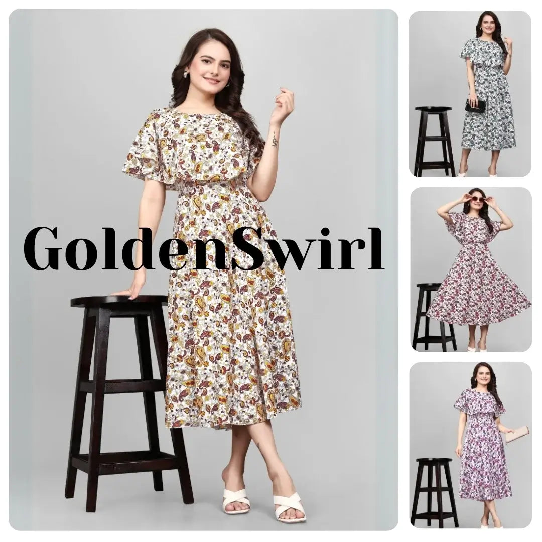 Woman wearing a floral dress with 'GoldenSwirl' branding, surrounded by smaller images of the dress.