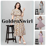 Woman wearing a floral dress with 'GoldenSwirl' branding, surrounded by smaller images of the dress.