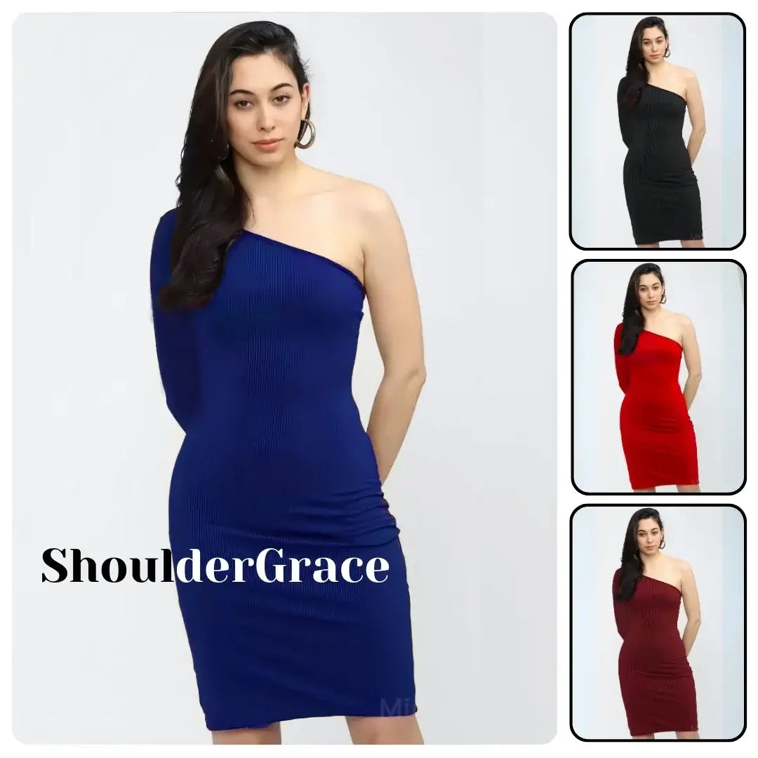 Woman wearing a blue one-shoulder dress with 'ShoulderGrace' branding, surrounded by smaller images of dresses in black, red, and burgundy.