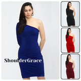 Woman wearing a blue one-shoulder dress with 'ShoulderGrace' branding, surrounded by smaller images of dresses in black, red, and burgundy.