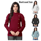 Woman wearing a red button-up shirt with additional images of the shirt in different colors on a white background.