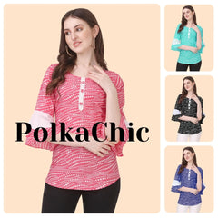 Women Polka White Dot Solid Crepe Tops
