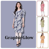 Woman wearing a patterned dress with 'GraphicGlow' branding, surrounded by smaller images of other dresses.