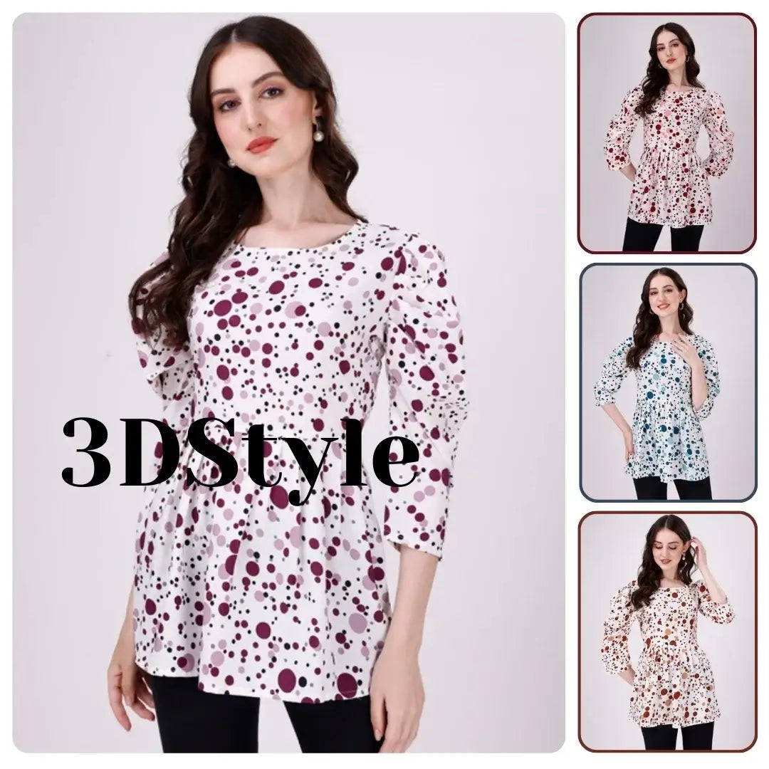Woman wearing a floral patterned top with '3DStyle' text, shown from multiple angles.