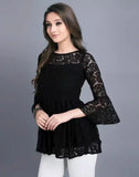 Women’s Black Russle Net Top with Round Neck and Crepe Inner
