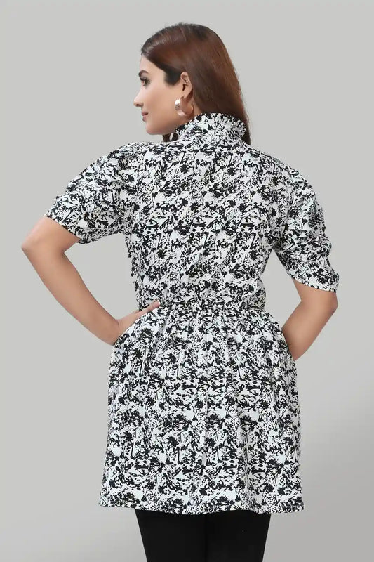 Women’s Black Solid Crepe Top with Ruffle Collar and Tie-Up Neck
