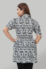 Women’s Black Solid Crepe Top with Ruffle Collar and Tie-Up Neck
