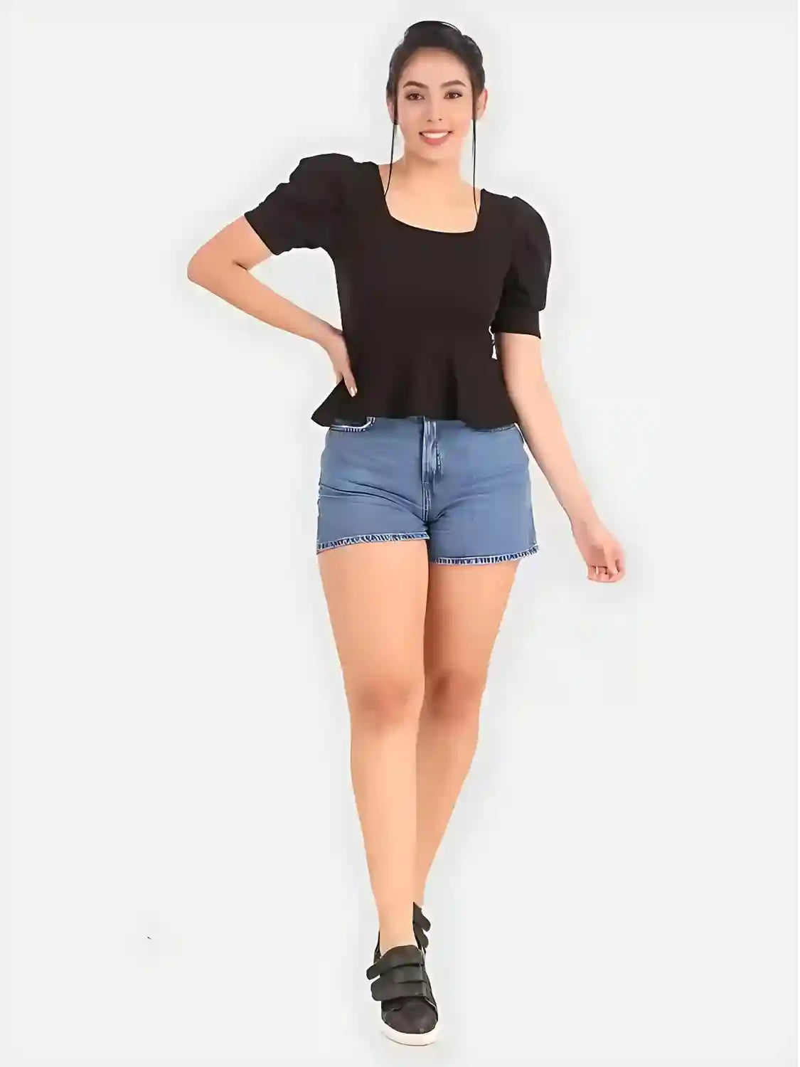 Women’s Black Solid Puff Sleeve Polyester Top for Western Style






