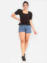 Women’s Black Solid Puff Sleeve Polyester Top for Western Style






