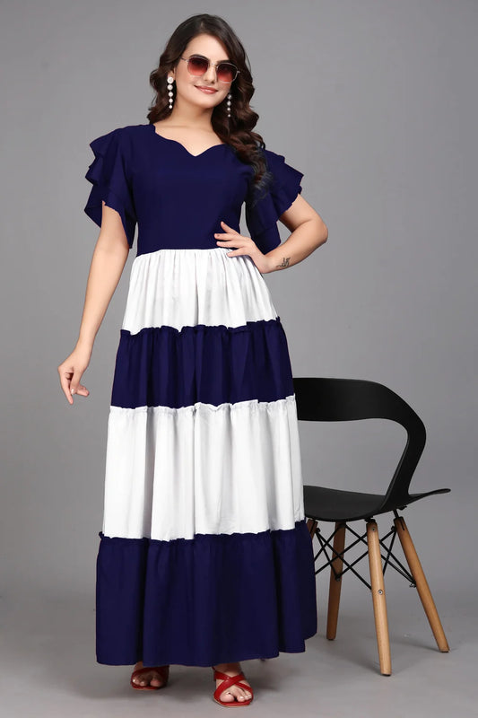 Women’s Blue Colourblocked Flared Maxi Dress by ZELZIS
