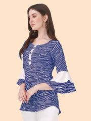 Women’s Blue Crepe Tunic with White Polka Dots and Button Detail
