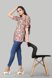 Women’s Brown Crepe Tunic with Floral Pattern and Round Neck
